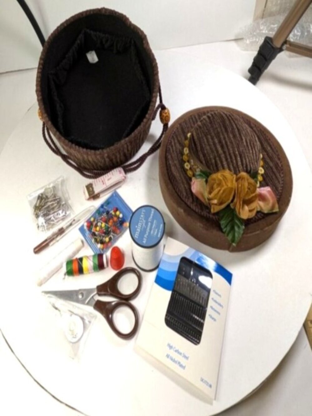 Brown Corduroy & Rose Floral Padded Vanity/Sewing Hat shape Box Mother's Day